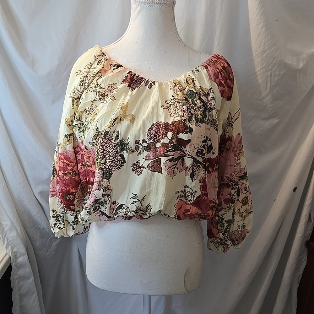 Maurices Cropped Top Victorian Floral Women's M Lined Puffy Sleeves Elastic Boho